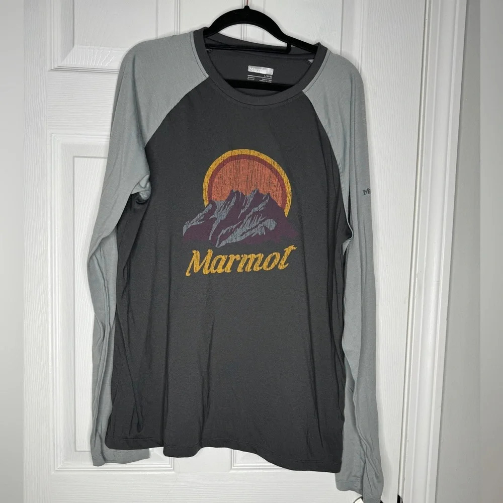 MARMOT Men's Raglan Long Sleeve Tee Mountains‎ Light Gray/Dark Gray Size Large